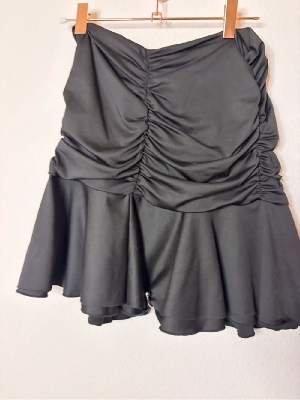 Ruched Black Mini Skirt with Flounce Hem